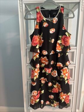 MSK Black Floral Tiered Chiffon Midi Dress